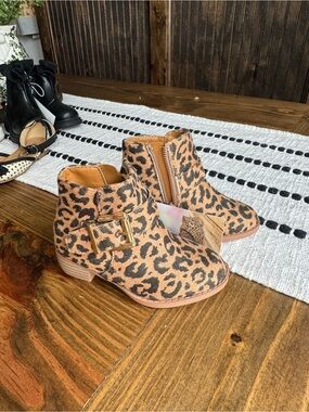 Girls Leopard Print Ankle Boots with Gold Buckle